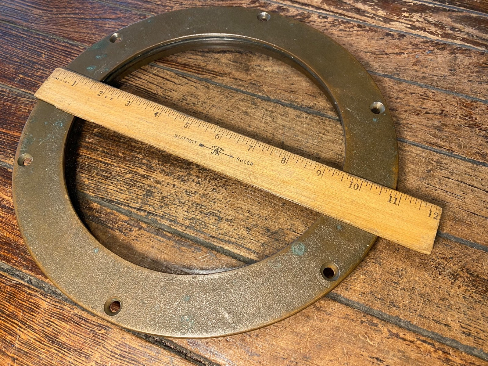 Vintage Bronze Fixed Port 11″ OD Flange, 8″ Glass, Nice Patina
