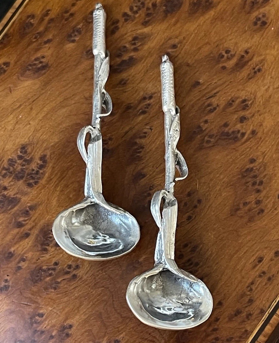 Rare Antique 19C Durgin Cattails Sterling Silver Salt Spoon Pair American 2.5”