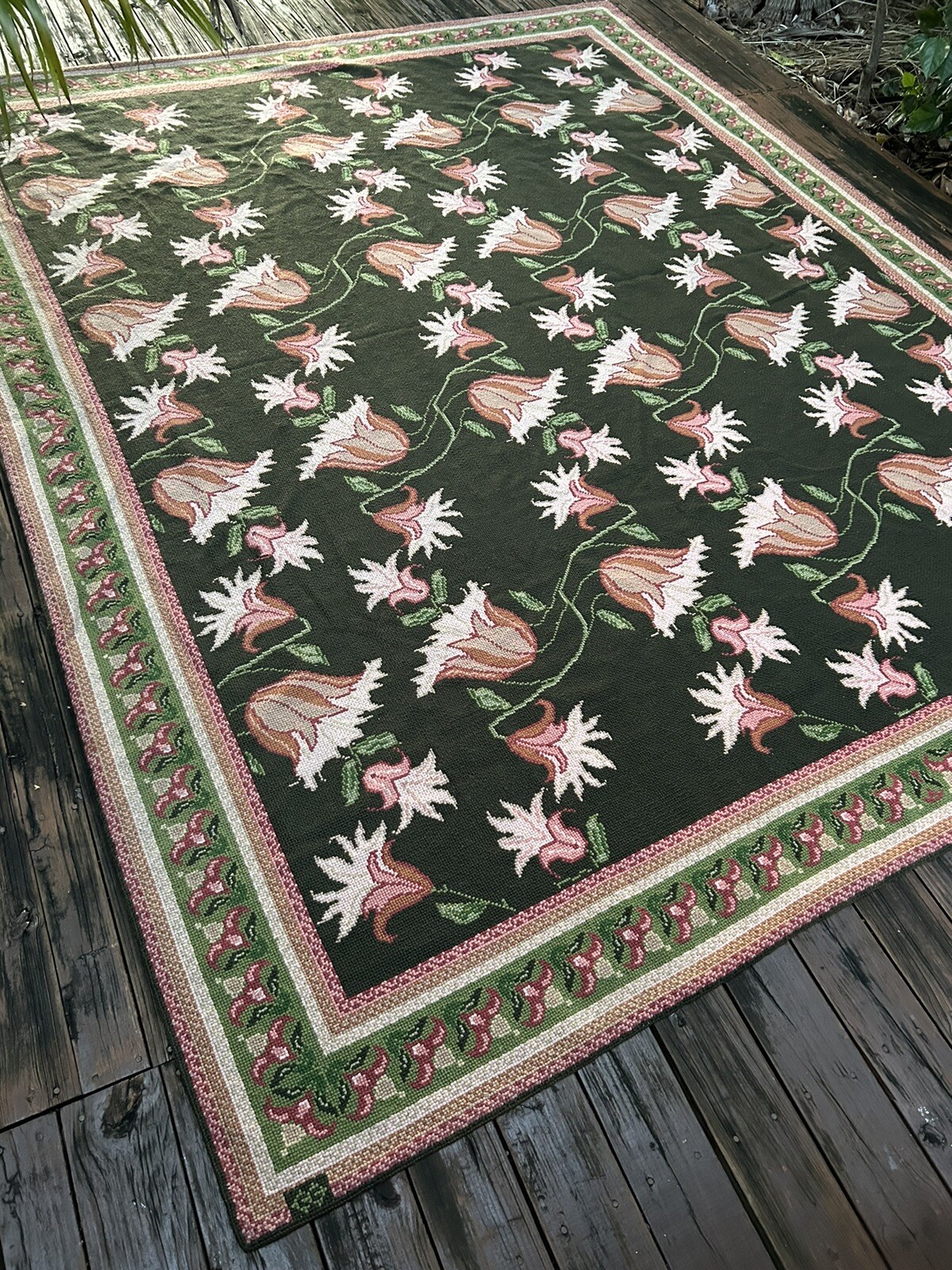 Vintage Portuguese Hand Woven Wool Floral Flat Weave Rug Carpet 11X9 Feet