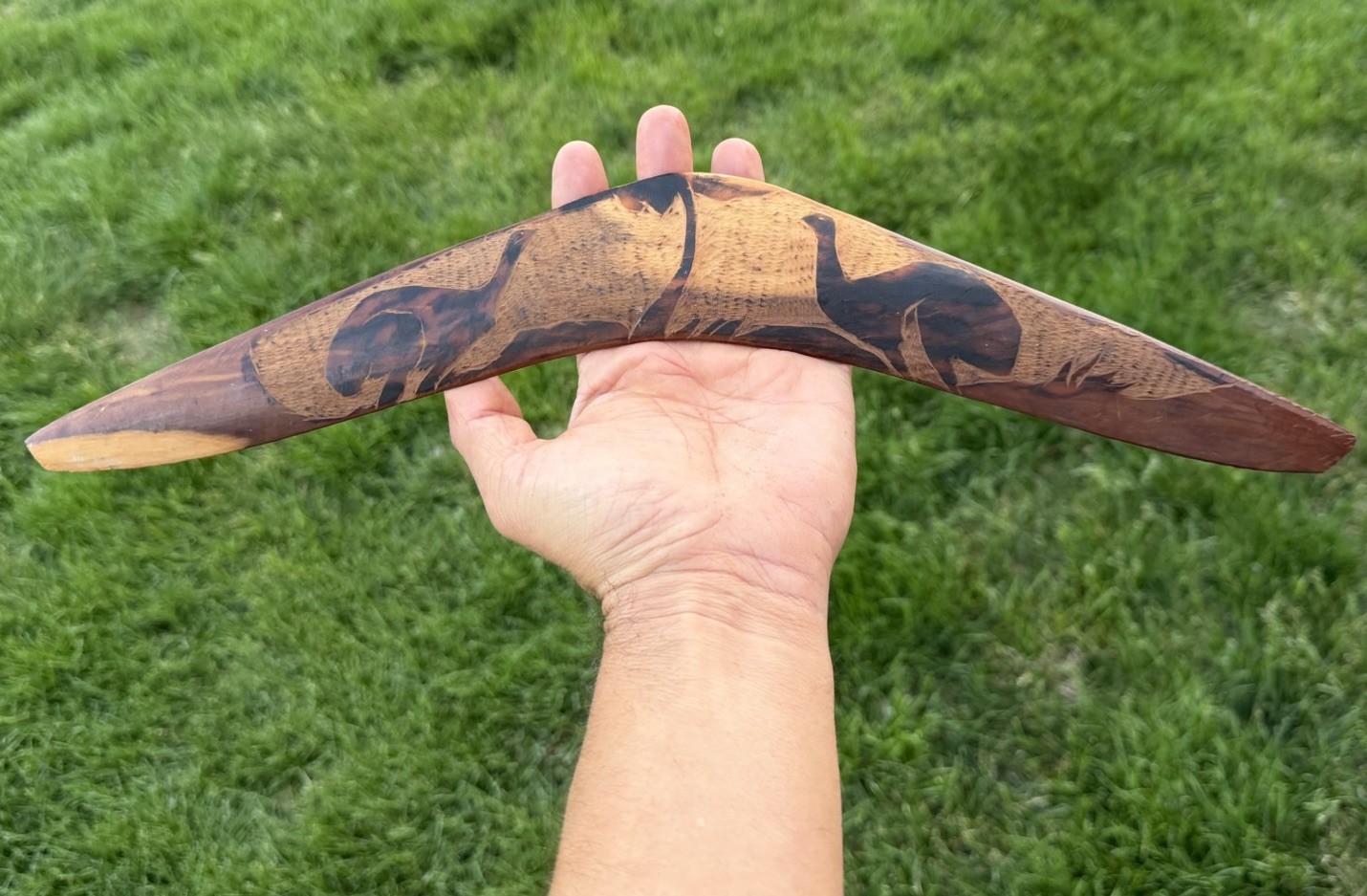 OLD ANTIQUE AUSTRALIAN WIRE BURNT EMU MULGA TIMBER ABORIGINAL BOOMERANG Vtg