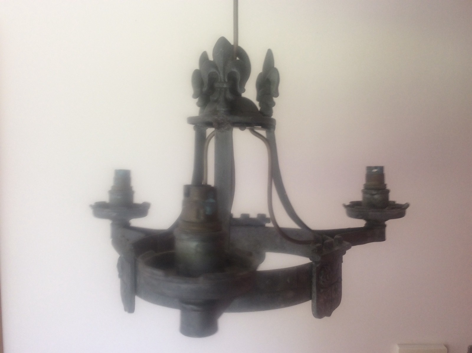 Gothic Chandelier Ceiling Light c19th Antique Pewter Arts & Crafts Fleurs De Lys