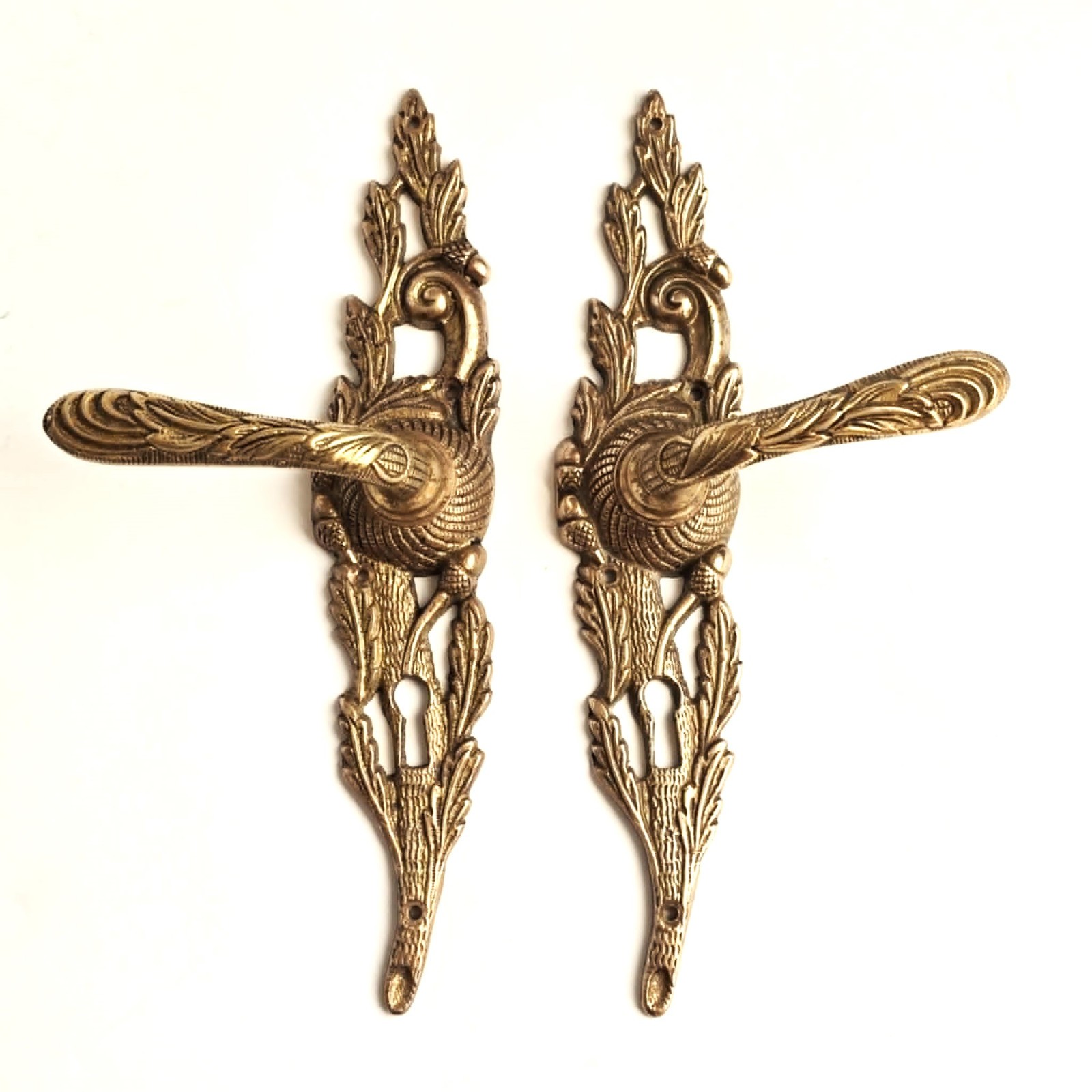Brass Door Handle Set Ornate Back Plate Levers Vintage Hardware