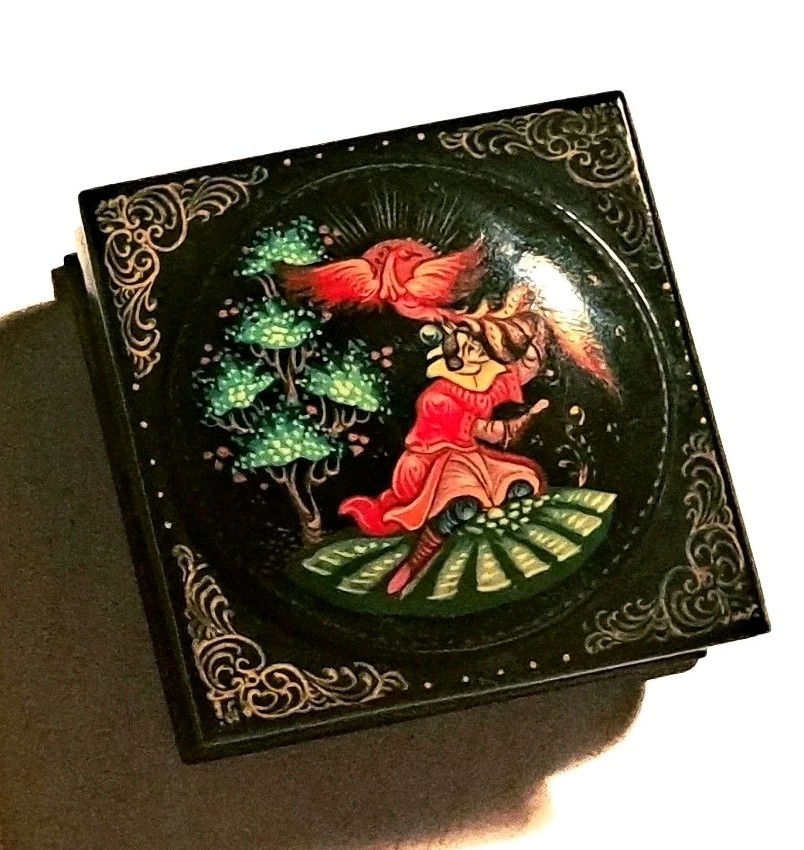 Vintage Russian Palekh Hand Painted Phoenix Boy Fairytale Lacquered Box Signed