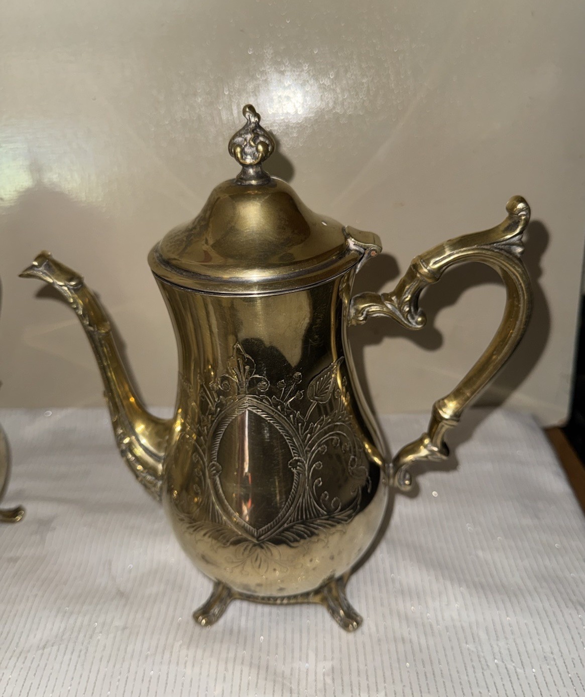 Antique SILVER PLATE ETCHED BRASS 4pc Tea Set – Teapot Coffee Pot Sugar Creamer