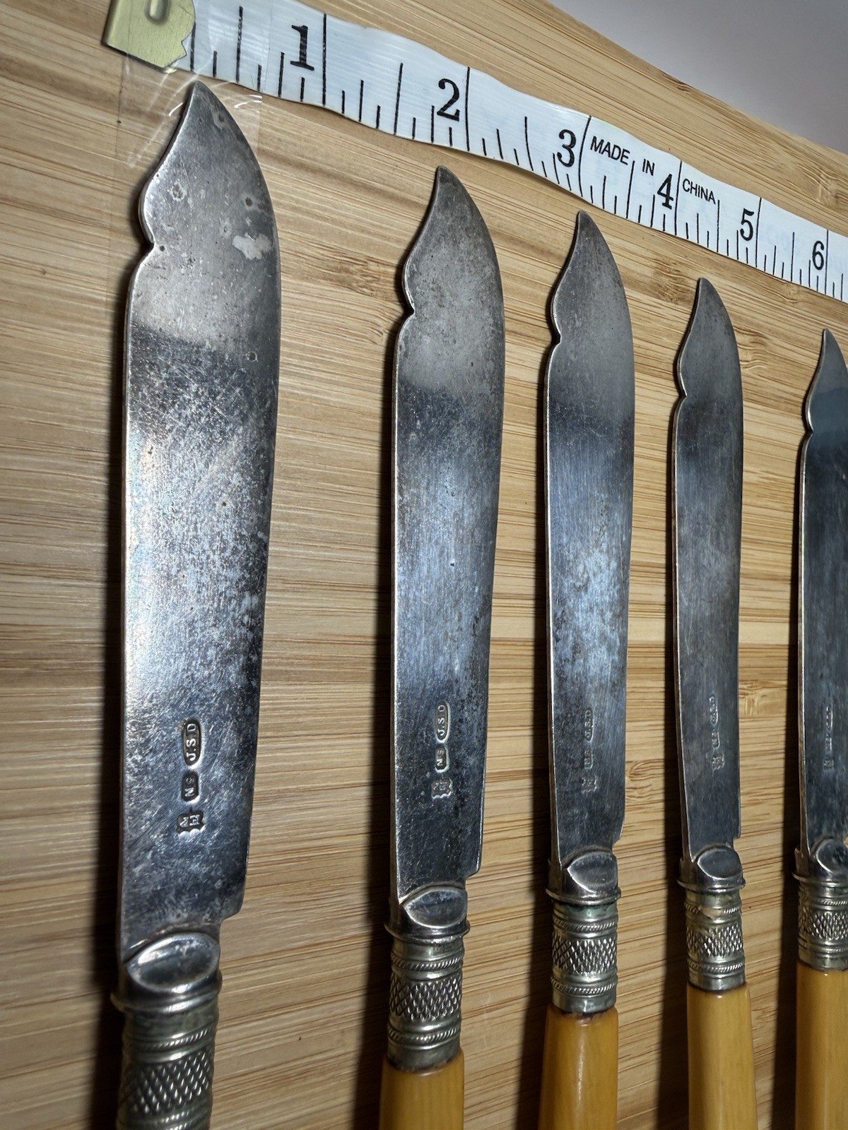 Antique Victorian Silver Plate Fish Knives Engraved with French Ivorine Handles
