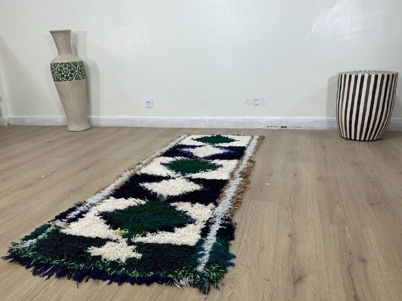 Vintage Moroccan handmade 2’4″x6’1″ Bohemian Berber Green Blue and White Runner