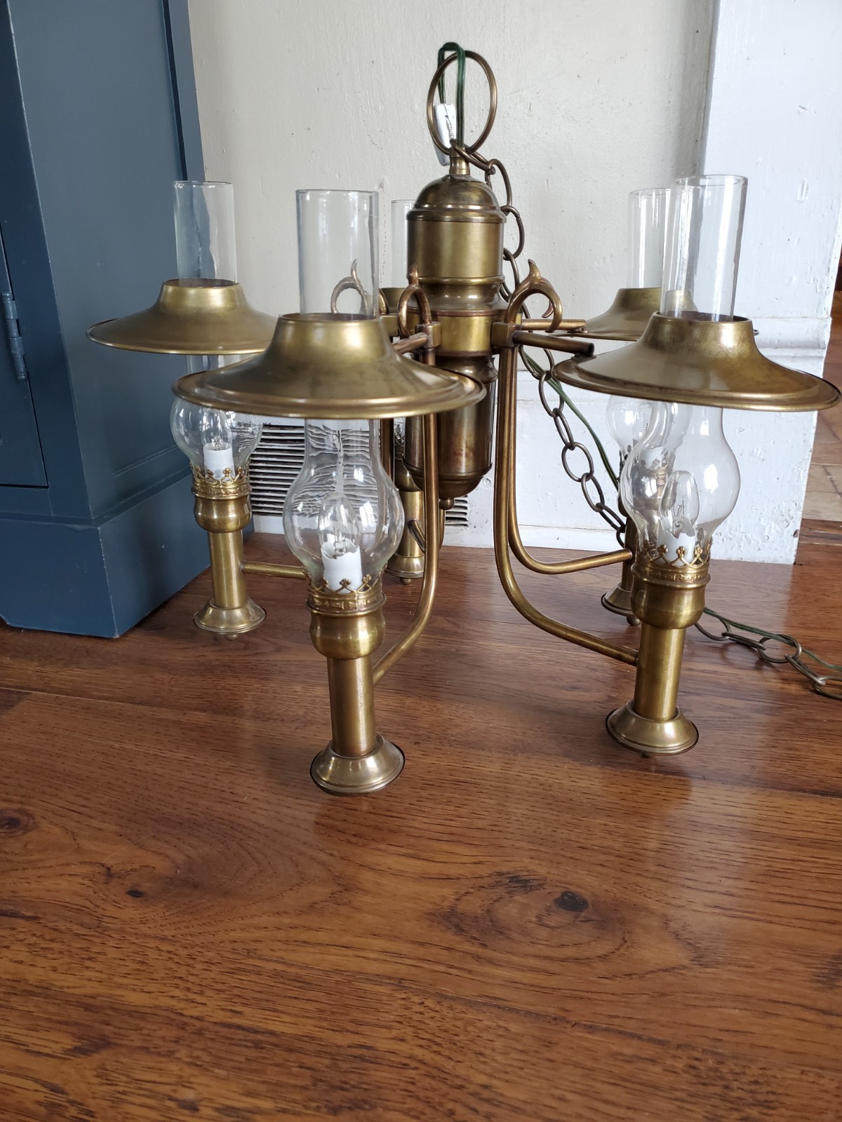 Vintage Brass With Glass Cylinders Hanging Chandelier 5 Arm Plug In Swag Light