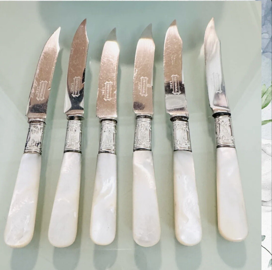 Landers Frary & Clark Vintage 1965 6-Pc Mother of Pearl Fruit Knives “D” Mono