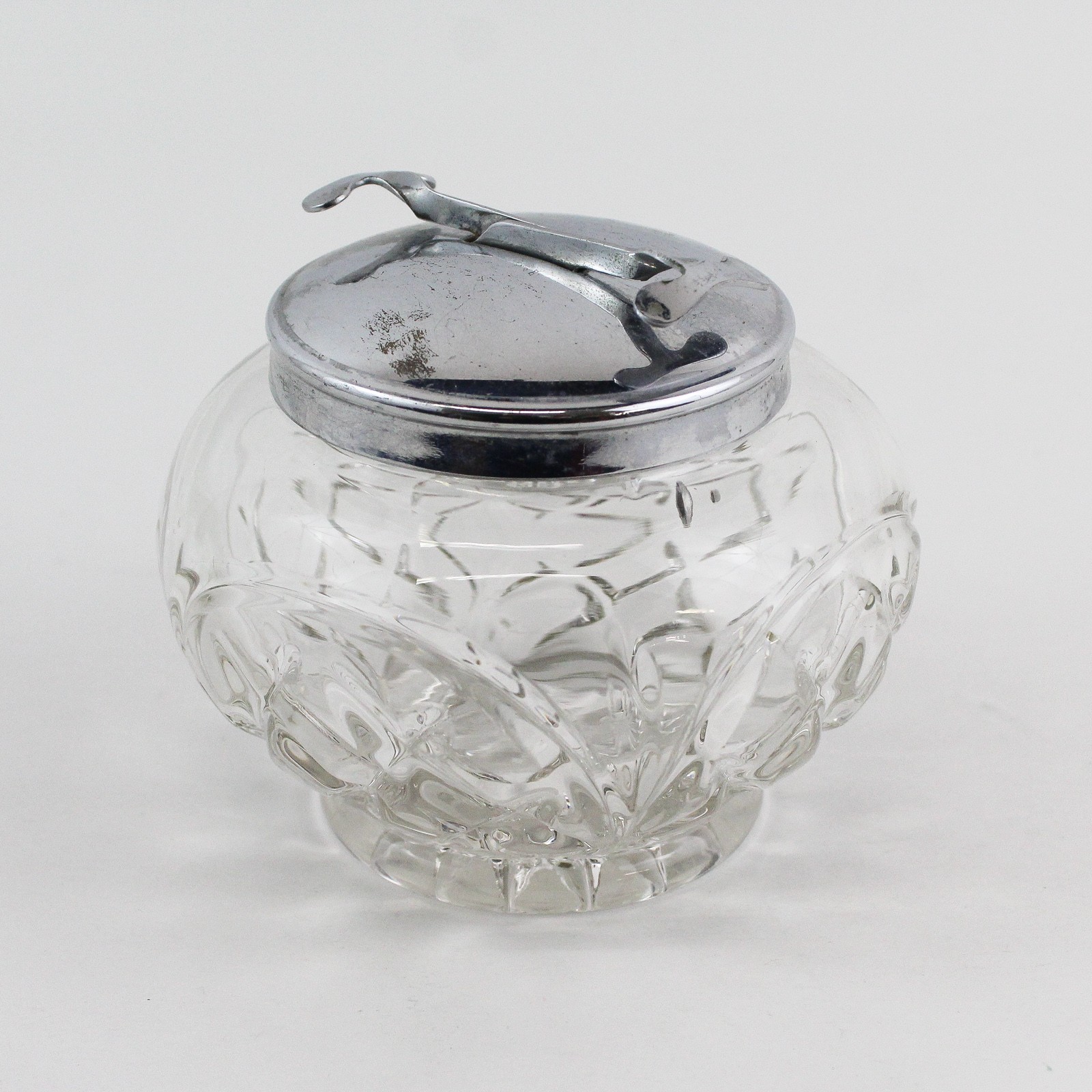 Vintage Pressed Glass Sugar Bowl Silver Plate Lid With Built In Tongs