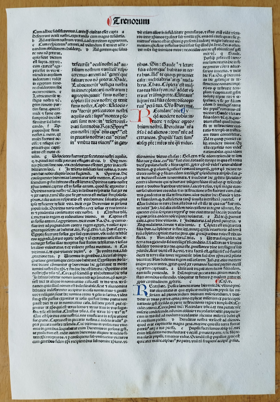 Trenorum – Renner Original Incunable Leaf Biblia Latina Venice Folio – 1482