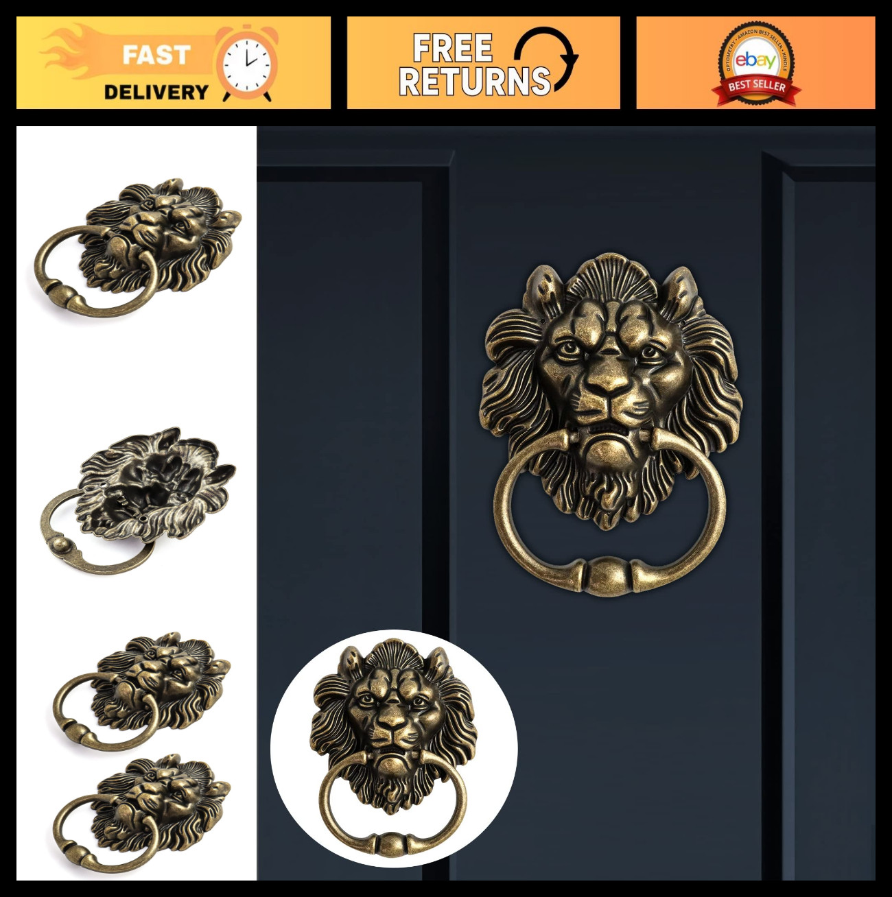 Vintage Lion Head Bronze Door Knocker – Classic Antique Design, 2 Pack