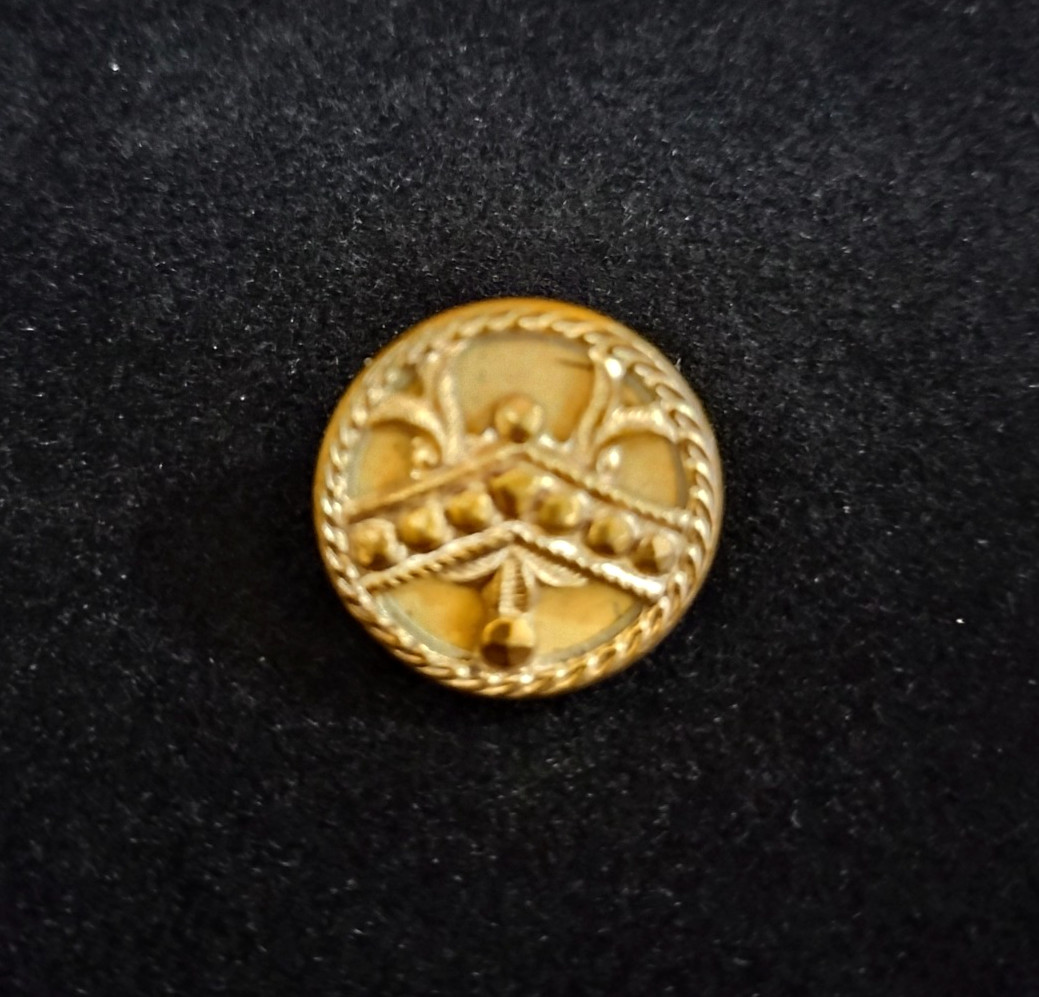 Antique Brass Colored Metal Shank Button With Family Shield Inspired Design