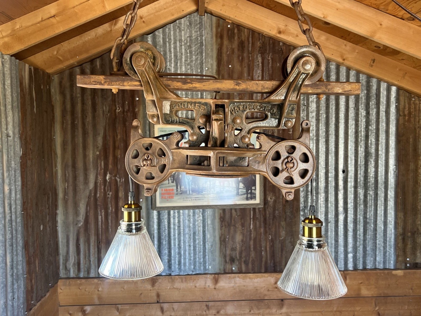 UNIQUE AUTHENTIC HAND-CRAFTED 1900’s BARN HAY-TROLLEY LIGHT FIXTURE