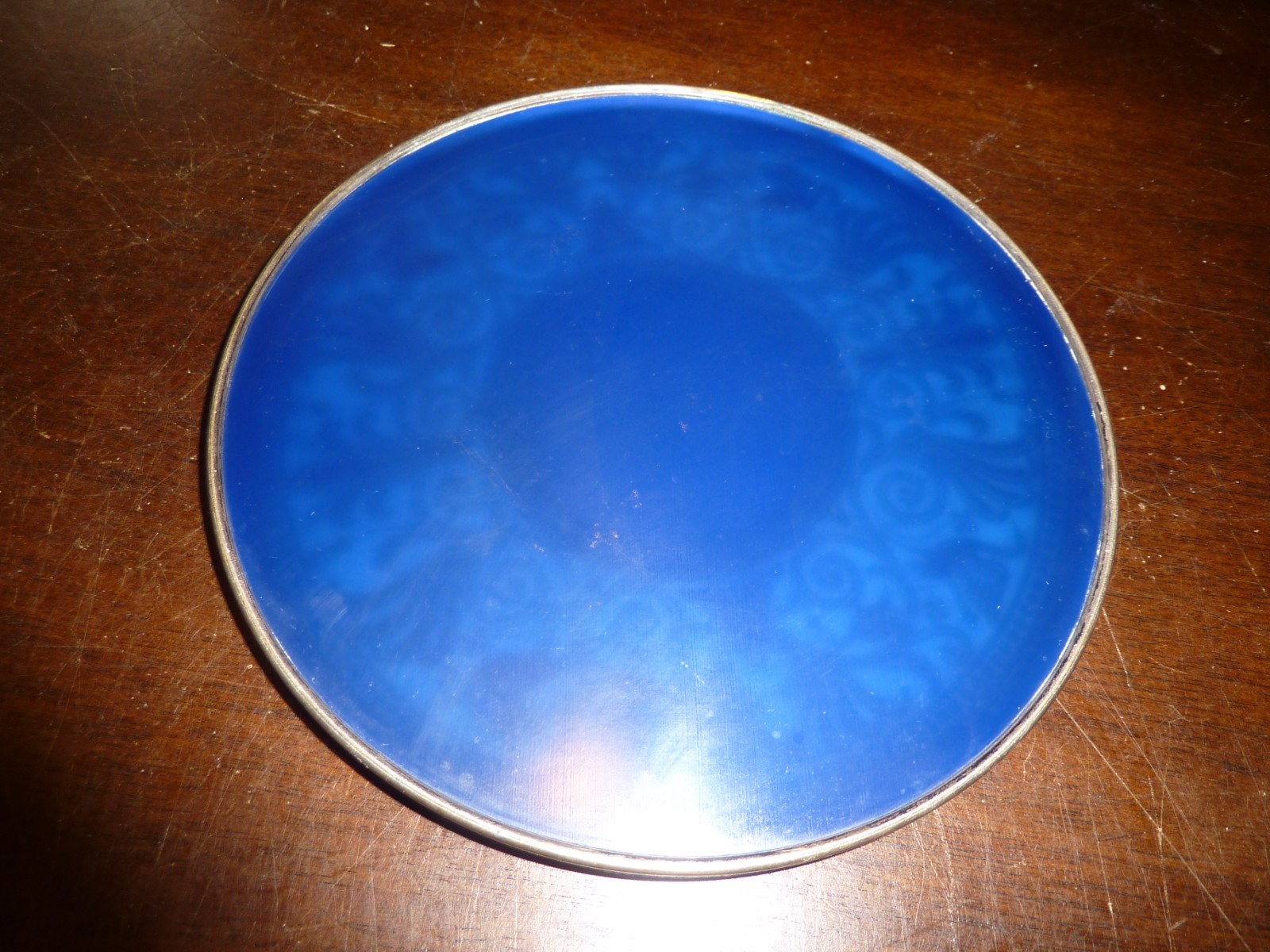 Coblat blue glass / silver overlay design & frame plaque/trivet-Newport E-P YB5
