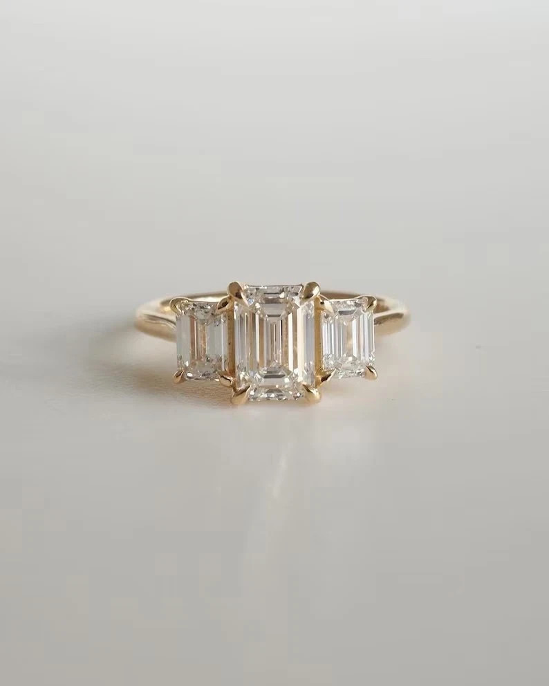 3 Stone Promise Ring 3Ct Emerald Cut Lab Created Diamond 14k Yellow Gold Plated