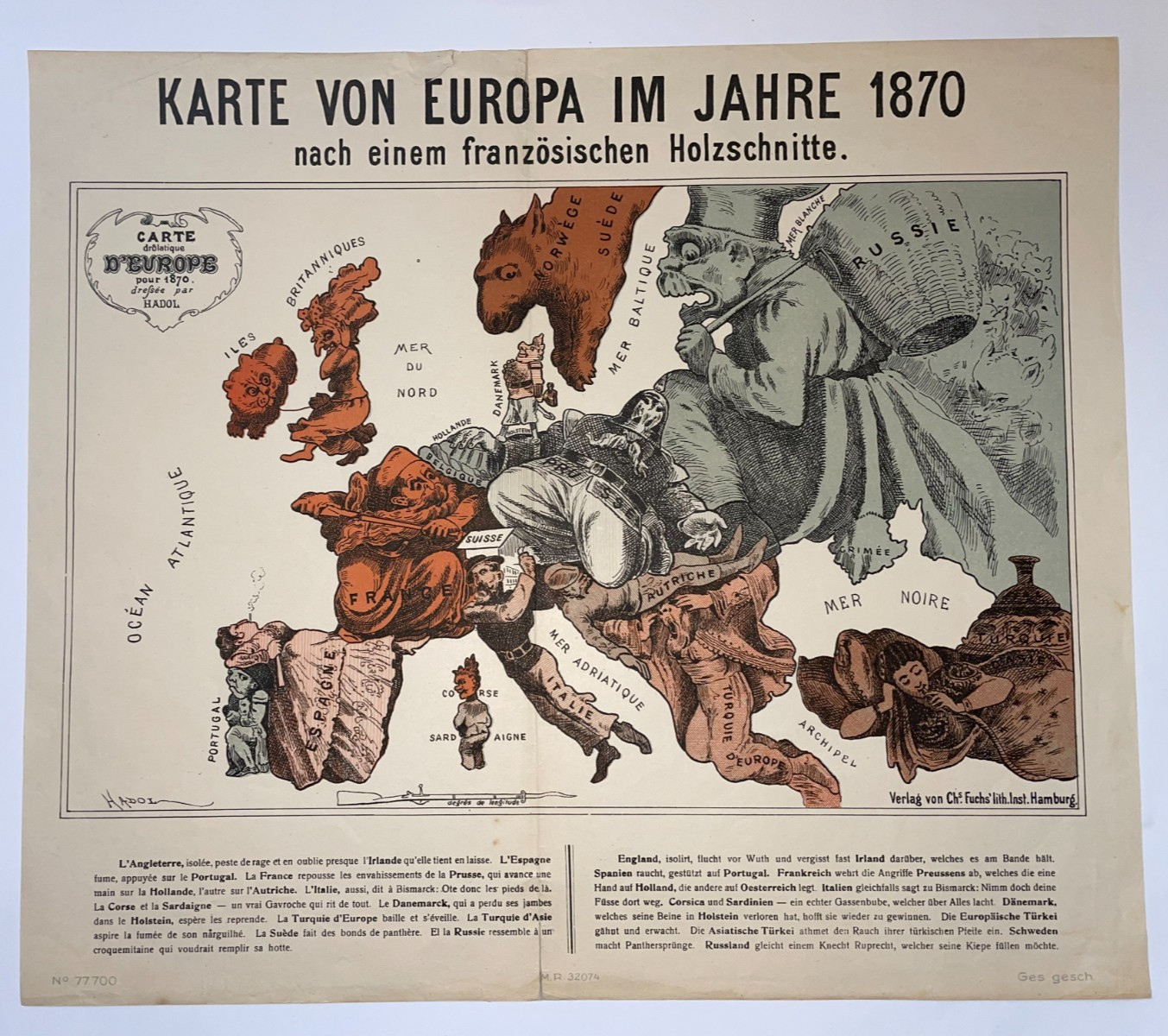 SATYRICAL MAP OF EUROPE WAR OF 1870 PAUL HADOL ORIGINAL LITHOGRAPHY