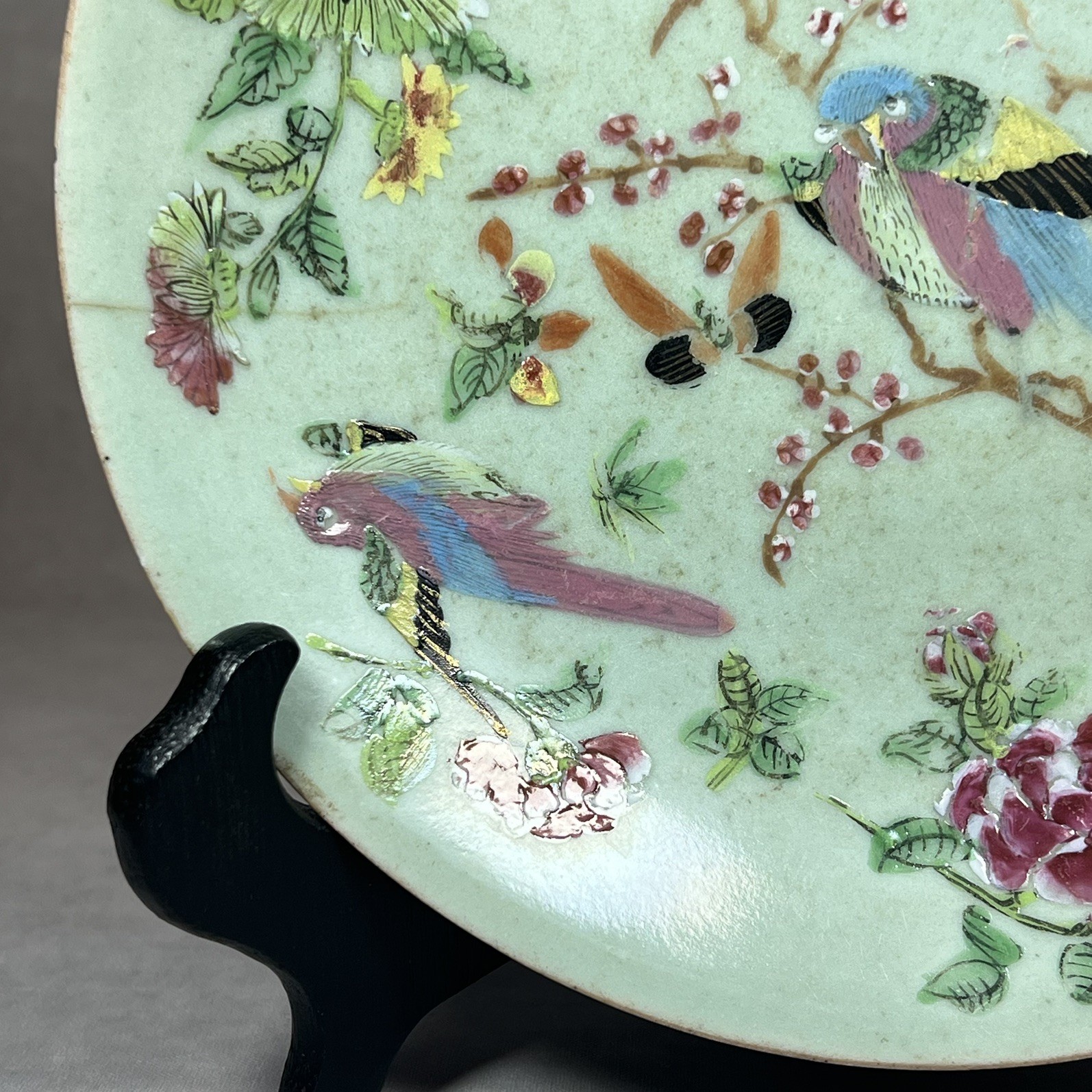 C19th Qing Dynasty Chinese Celadon Small (19.2cm) Famille Rose Plate (Hairline)