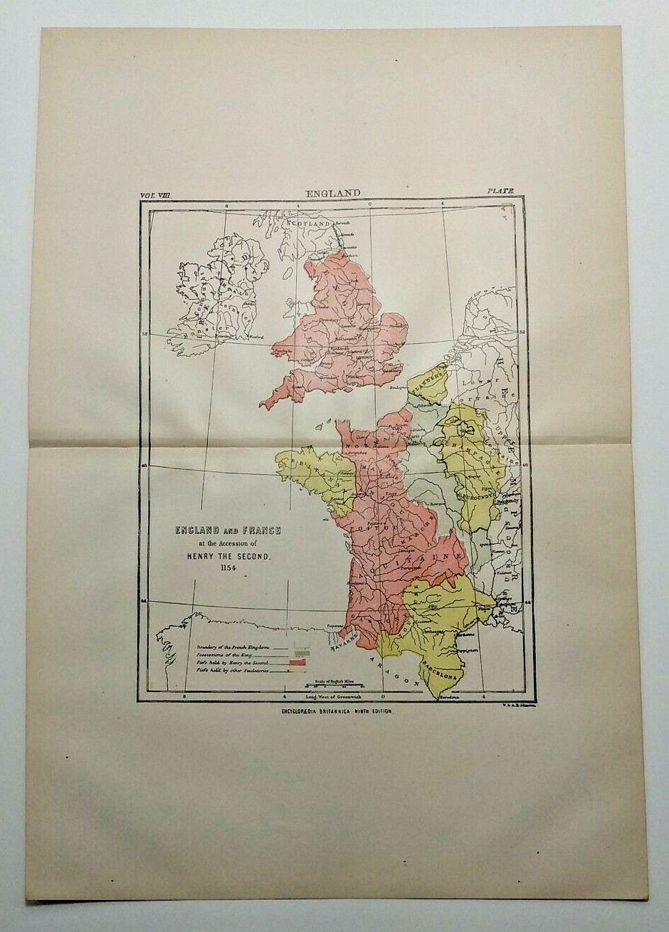 1894 Vintage ENGLAND & FRANCE 1154 Atlas Map Antique Encyclopedia Britannica