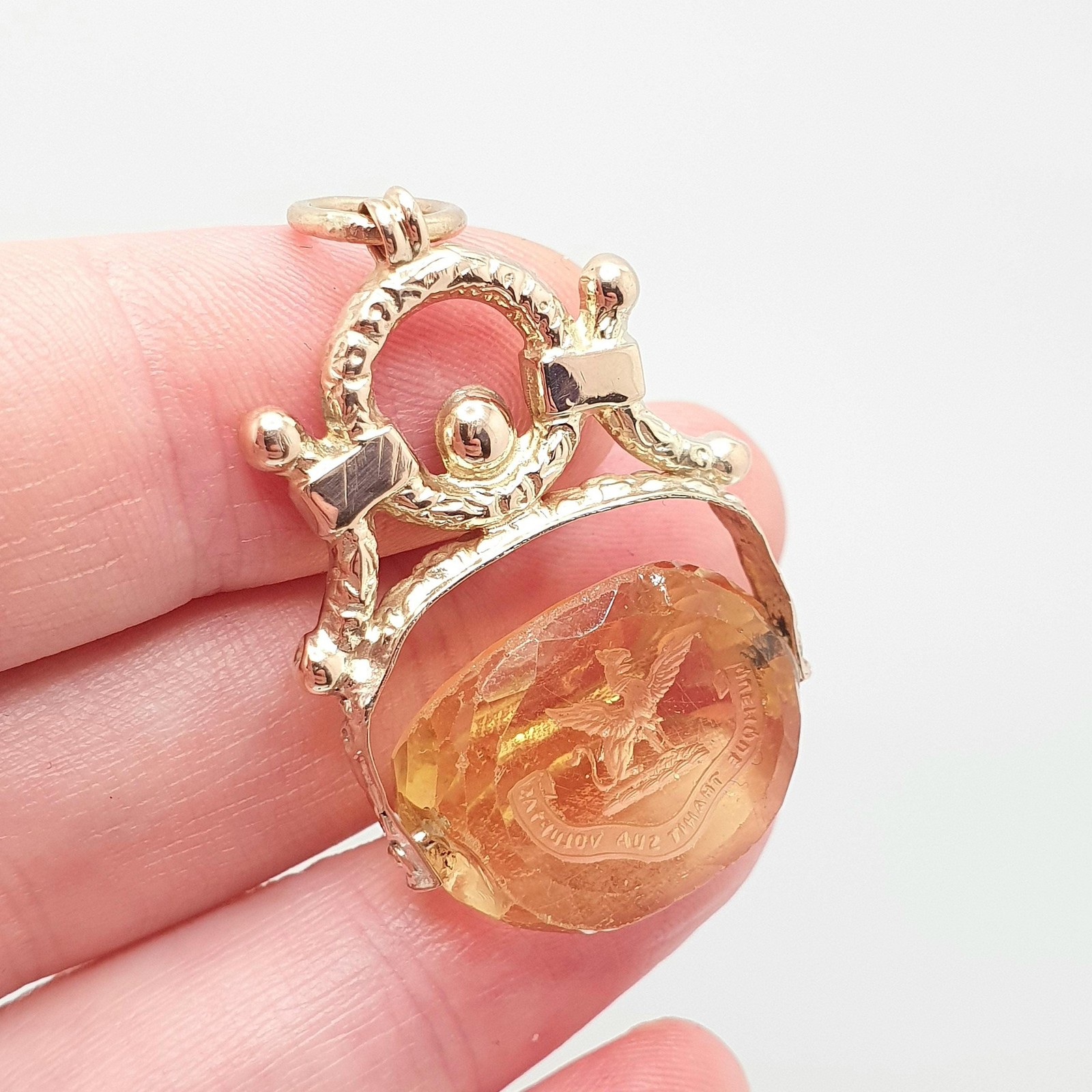 Antique Griffin 9ct 9k Gold Citrine Spinner Intaglio Fob Pendant Necklace