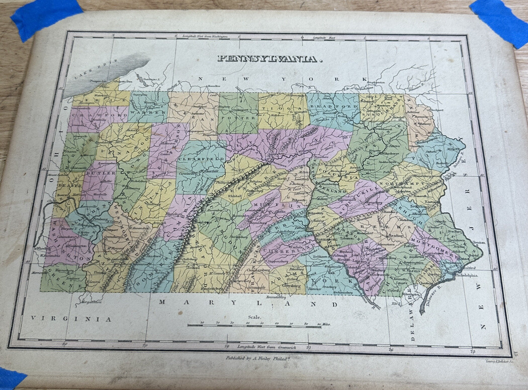 Antique Finley Atlas Map Of Pennsylvania With Leather Carrying Roll
