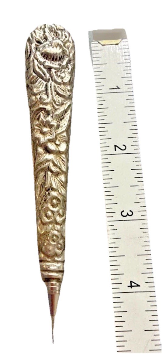Antique Repousse Embossed Floral Design Silver Writing Pen 4 1/2” L3