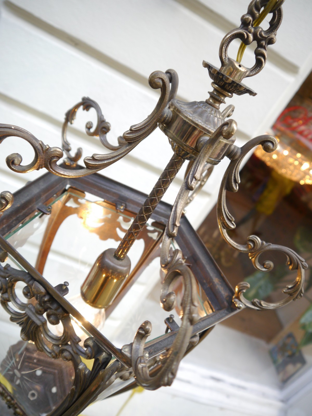 LARGE BRONZE LANTERN SOLID CEILING LAMP FIXTURES CHANDELIER CUT GLASS CRYSTAL