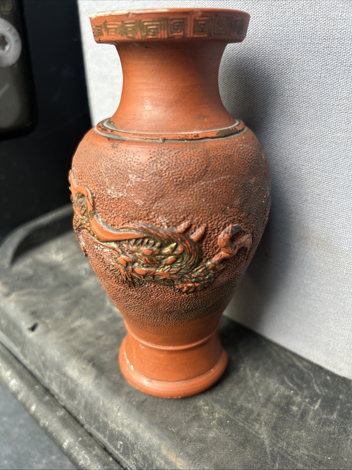 Antique Chinese Terracotta Yixing Zisha Red Clay Vase 6 1/4 Tall Imperfect