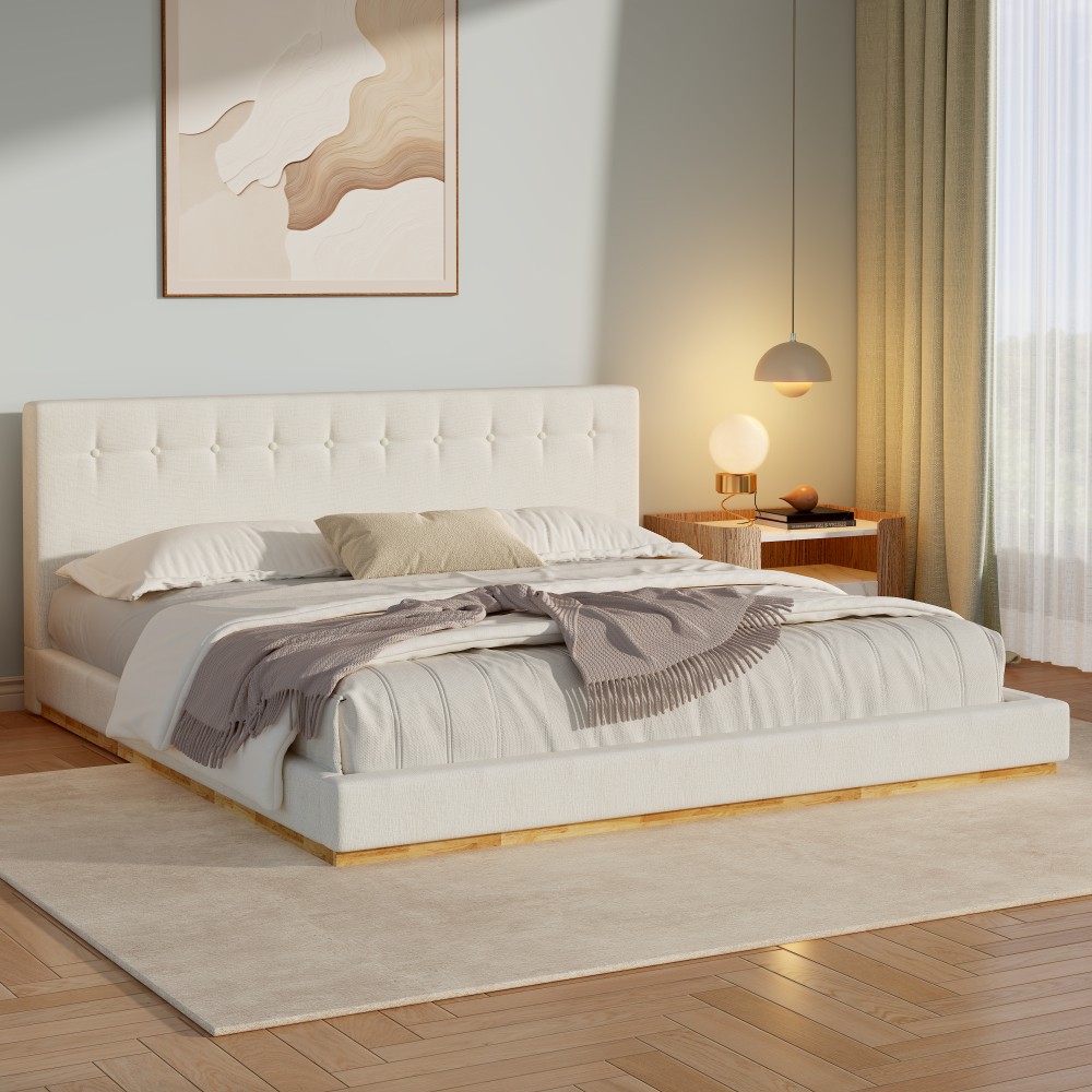 Solid Rubber Wood Platform Bed with Upholstered Headboard, Modern Tufted Design