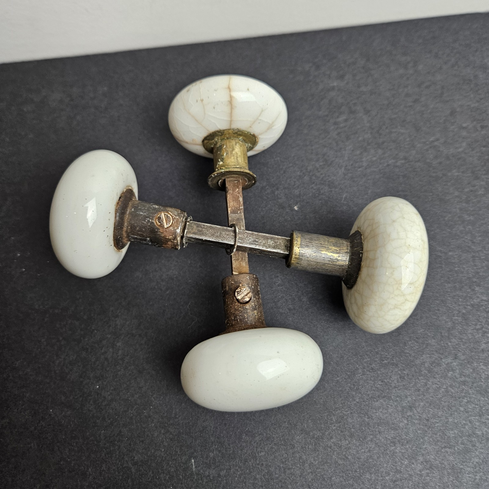 Pair Of Vintage Milk Crackle Glass 2” Diameter Door Knobs with Brass Spindle