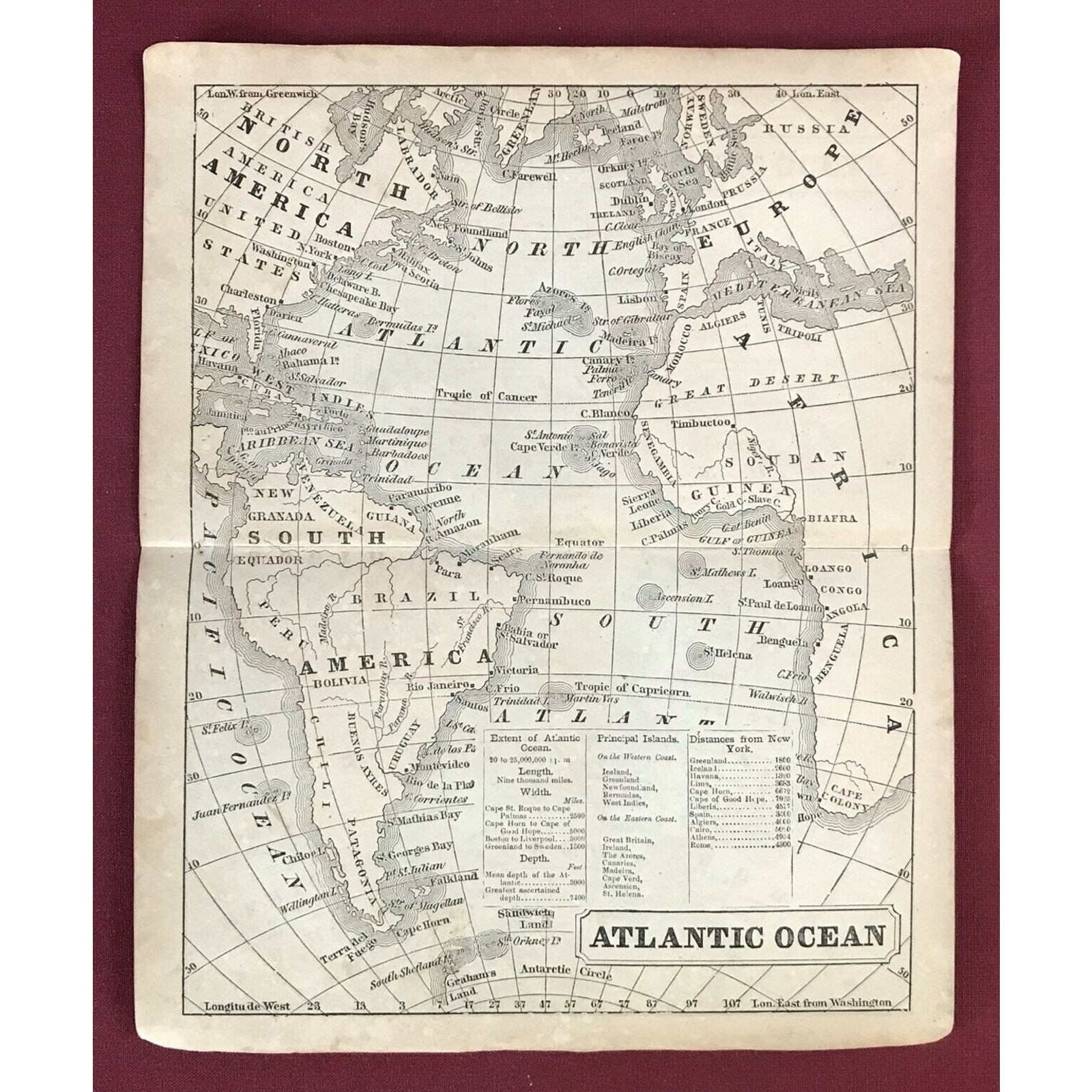 Atlantic Ocean Map 1857 Copper Plate Engraved