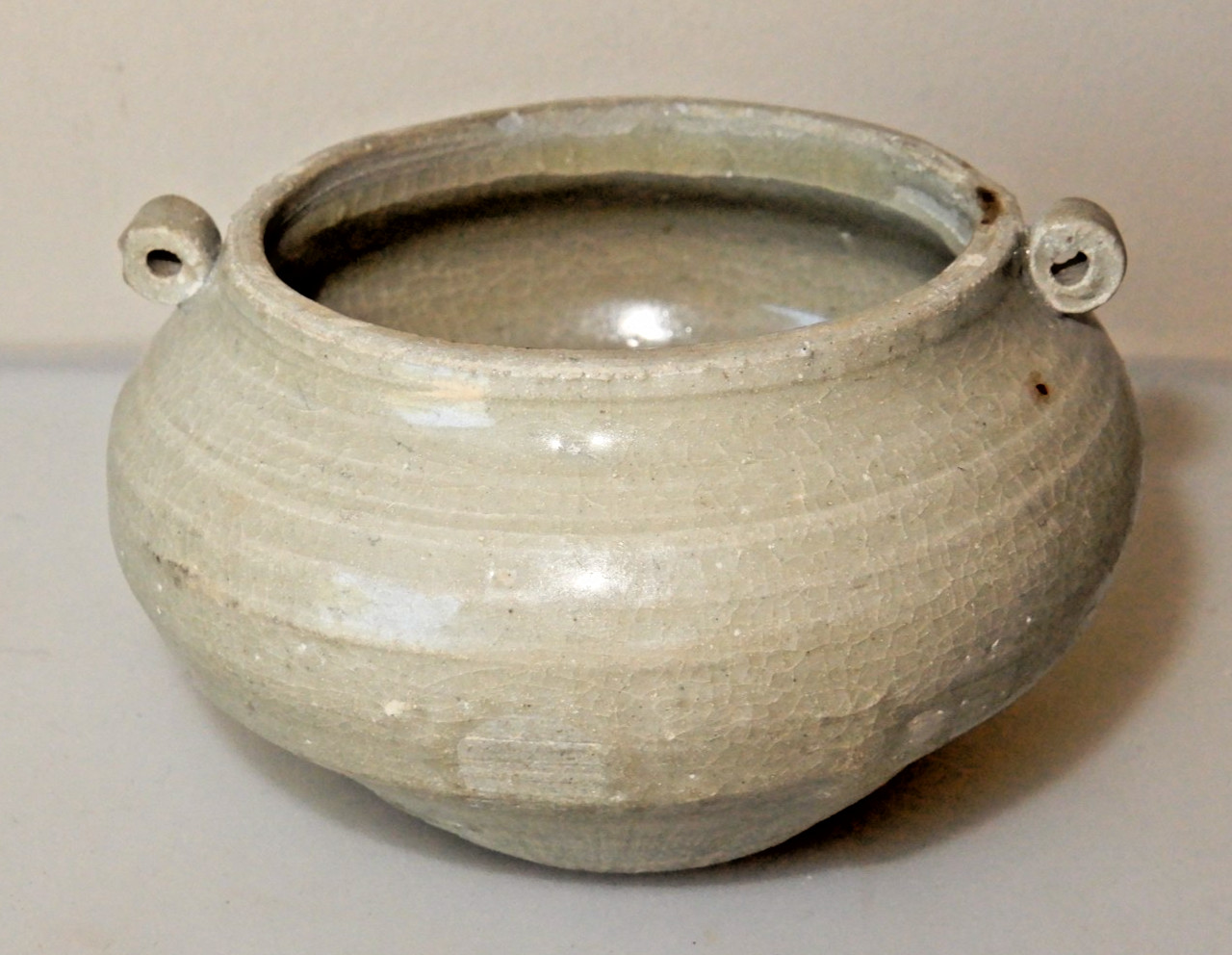 Antique Chinese Yue Ware Small Pot 3 1/2″ Wide Yuezhou Green Porcelain c.900 AD