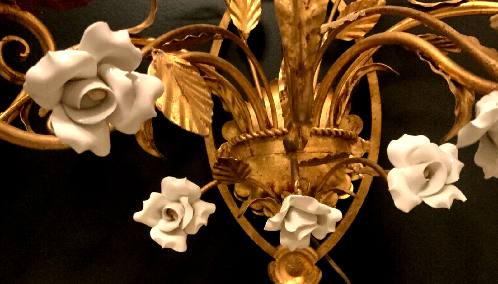 VTG ITALIAN Gold Gilt White PORCELAIN Roses Wall 5 Light SCONCE Stunning Quality