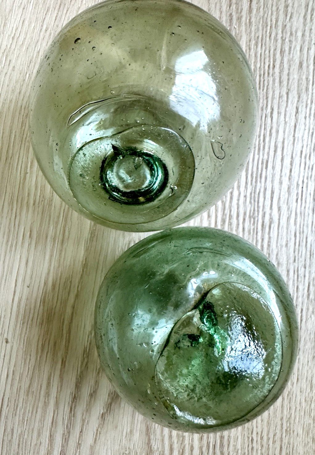 Japanese Round Fishing Float Buoy Hand Blown Vintage Sea Green Glass Lot of 2