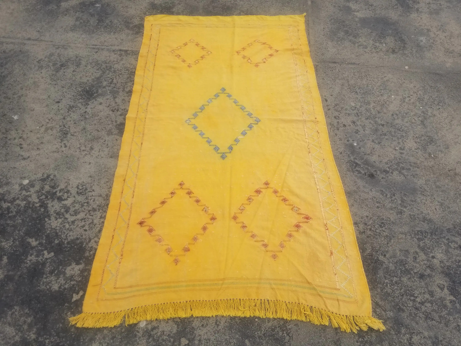 Distressed Vintage Handmade Moroccan Wool Yellow Kilim Rug 5.7×3.4 ft