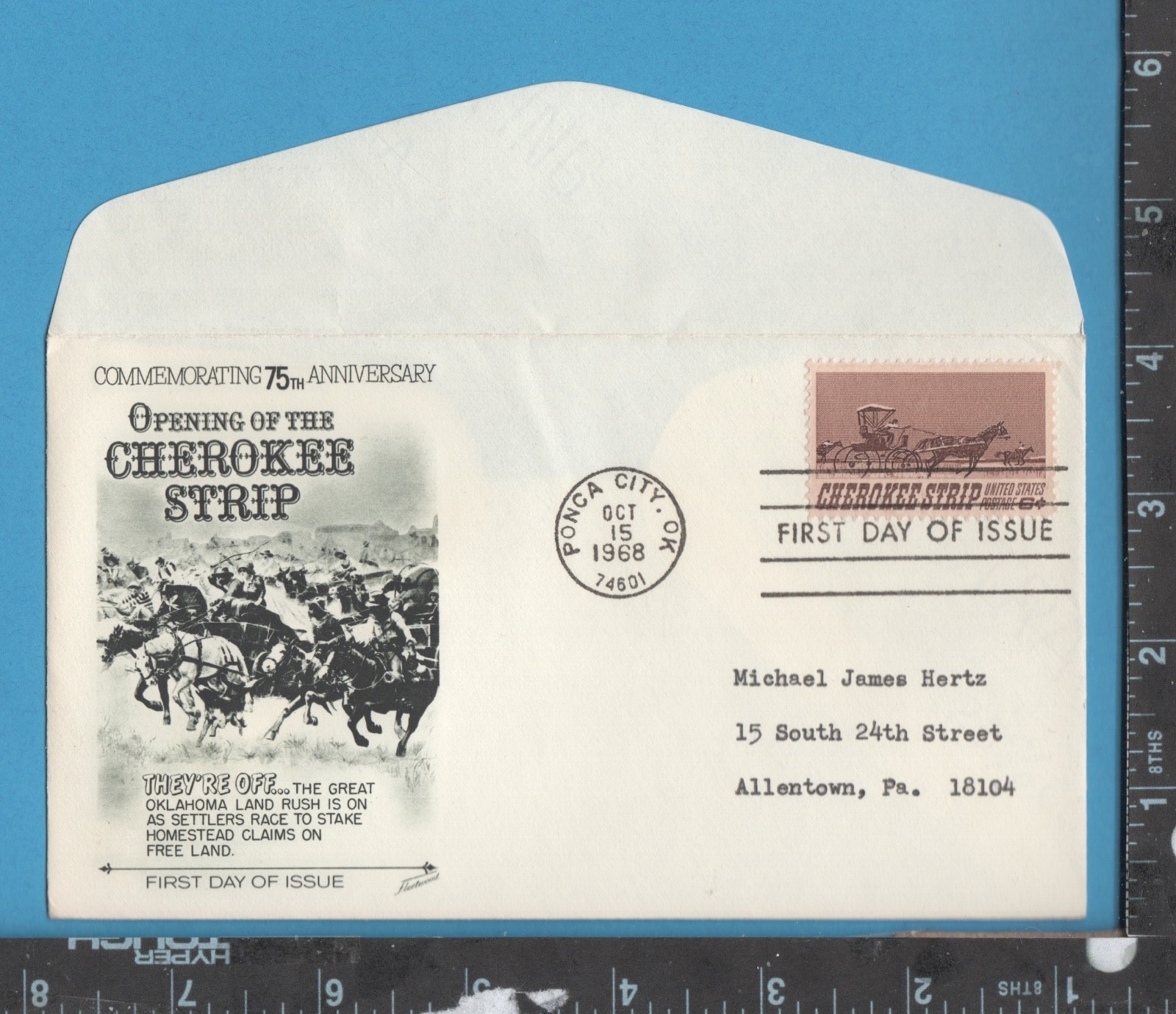 F147 Cherokee Strip 75th anniversary 10/15/68 1st day cover Ponca City Oklahoma