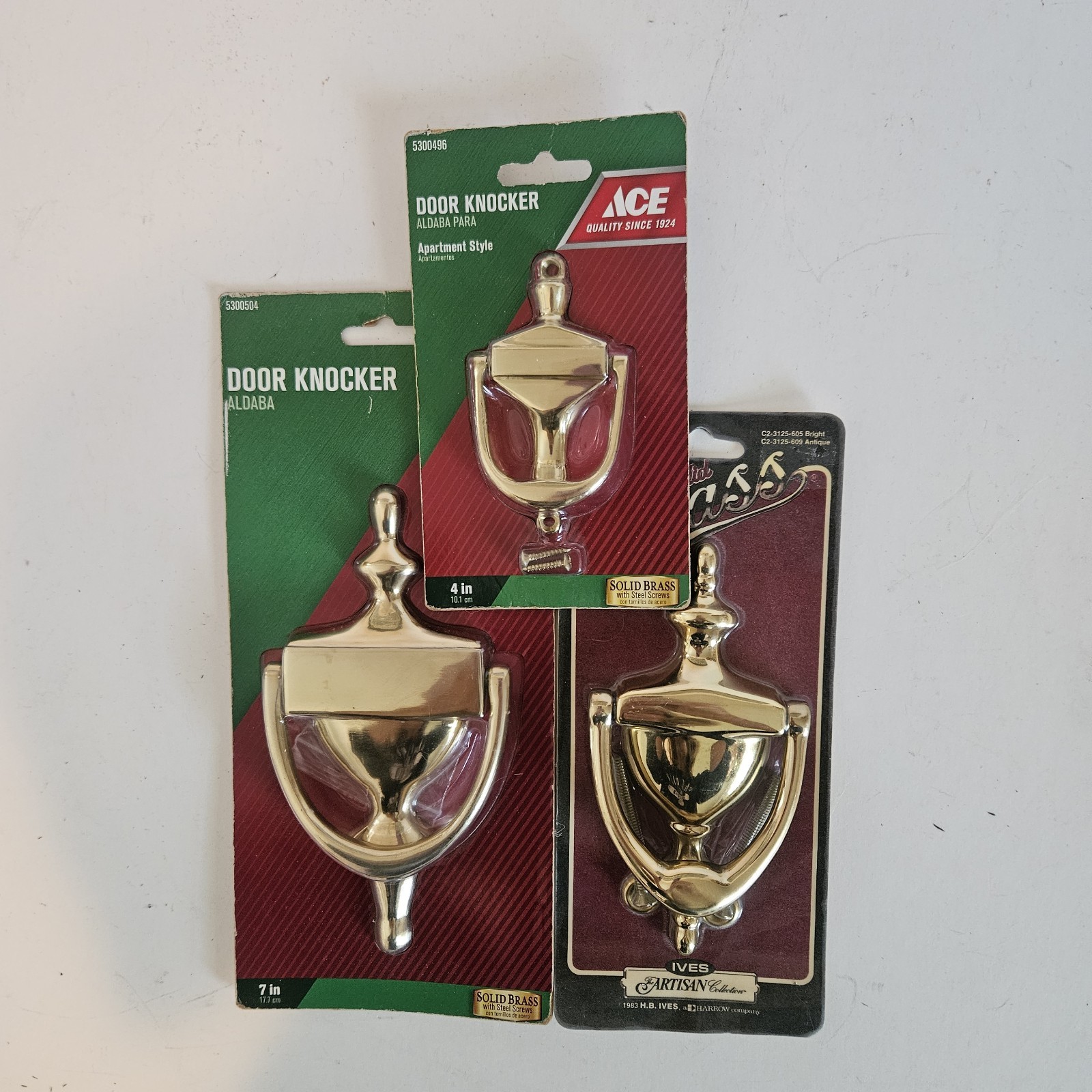 3 VTG Solid Brass Door Knockers -2 Ace -1 Ives Artisan- Various Sizes Unopened