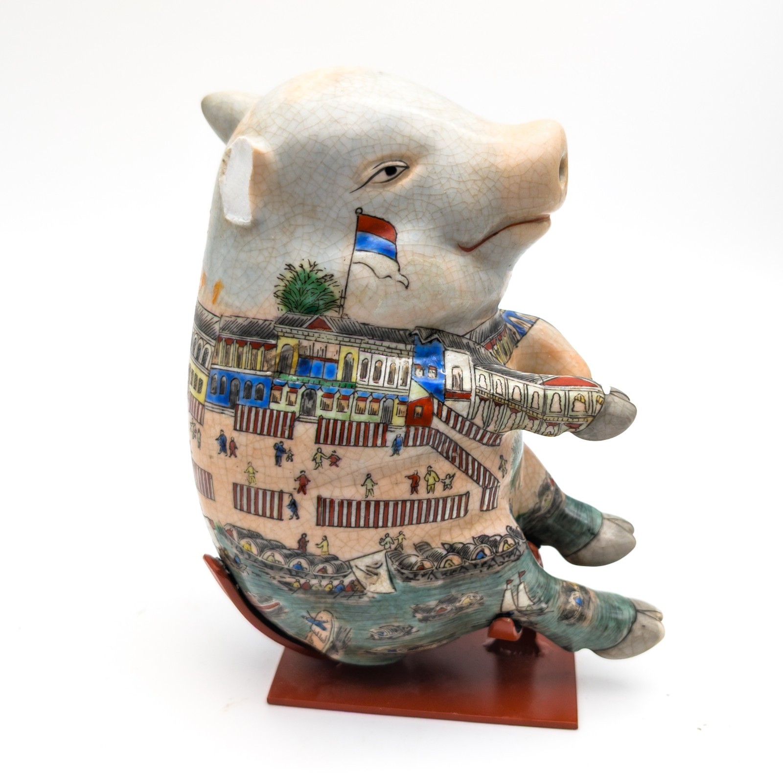 Vtg Chinese Hand Painted Porcelain Pig Lucky Sleeping Famille Rose + Stand