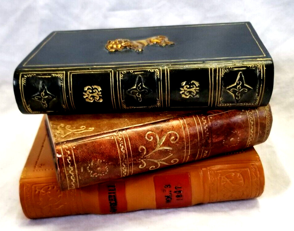 3 Ceramic Ornate Faux Embossed Book Paperweight VTG Antique Raised Lion Bookends