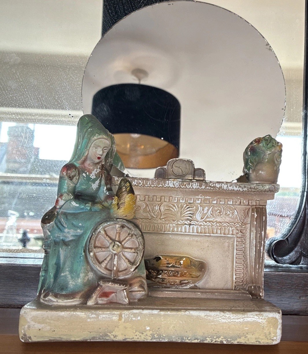 Antique Chalkware Dressing Table Mirror Lady in Medieval Attire Spinning