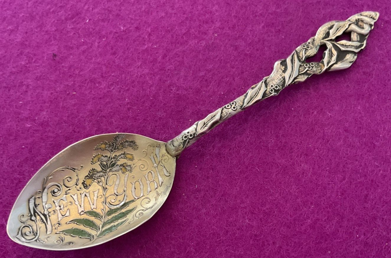 Enamel Yellow Green Plant “New York” Demitasse Gold Washed Sterling Silver Spoon