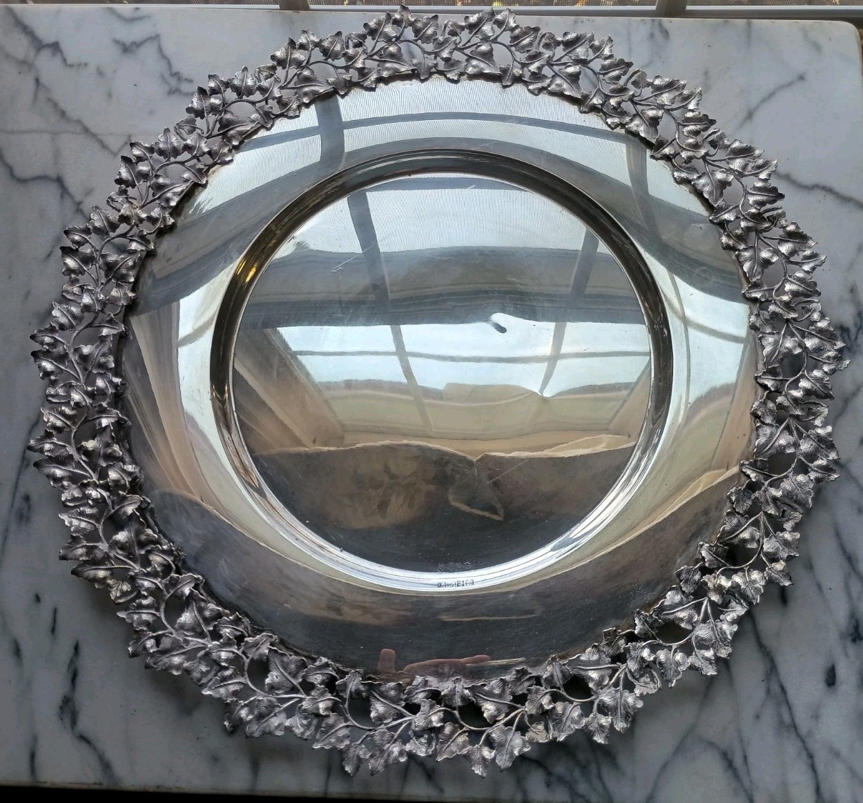 Lovely Ornate Leaf Design Silver Tray, 15″, 24.61 Troy Ounces, See Pics