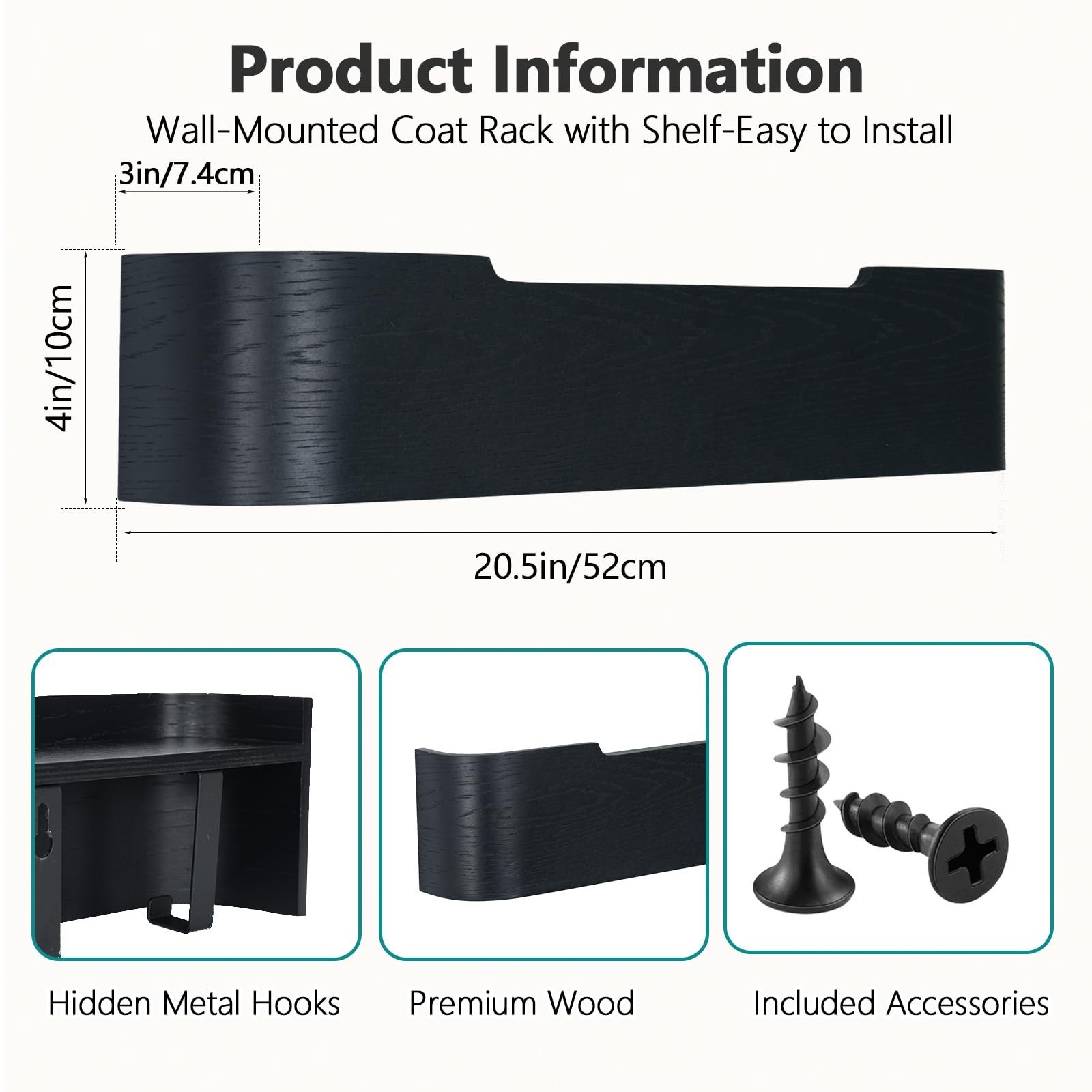 Coat Rack Wall Mount with Shelf 5 Hidden Hooks Modern Wooden Key Holder Entry…