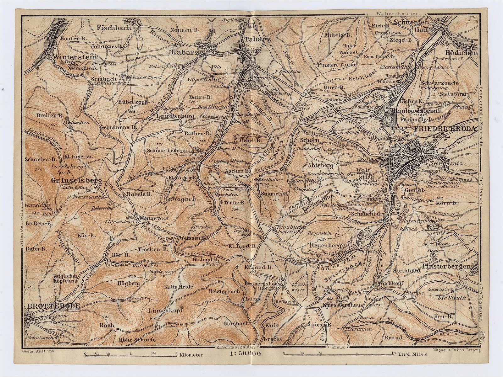 1911 ANTIQUE MAP OF VICINITY OF FRIEDRICHRODA THURINGIA THÜRINGEN GERMANY