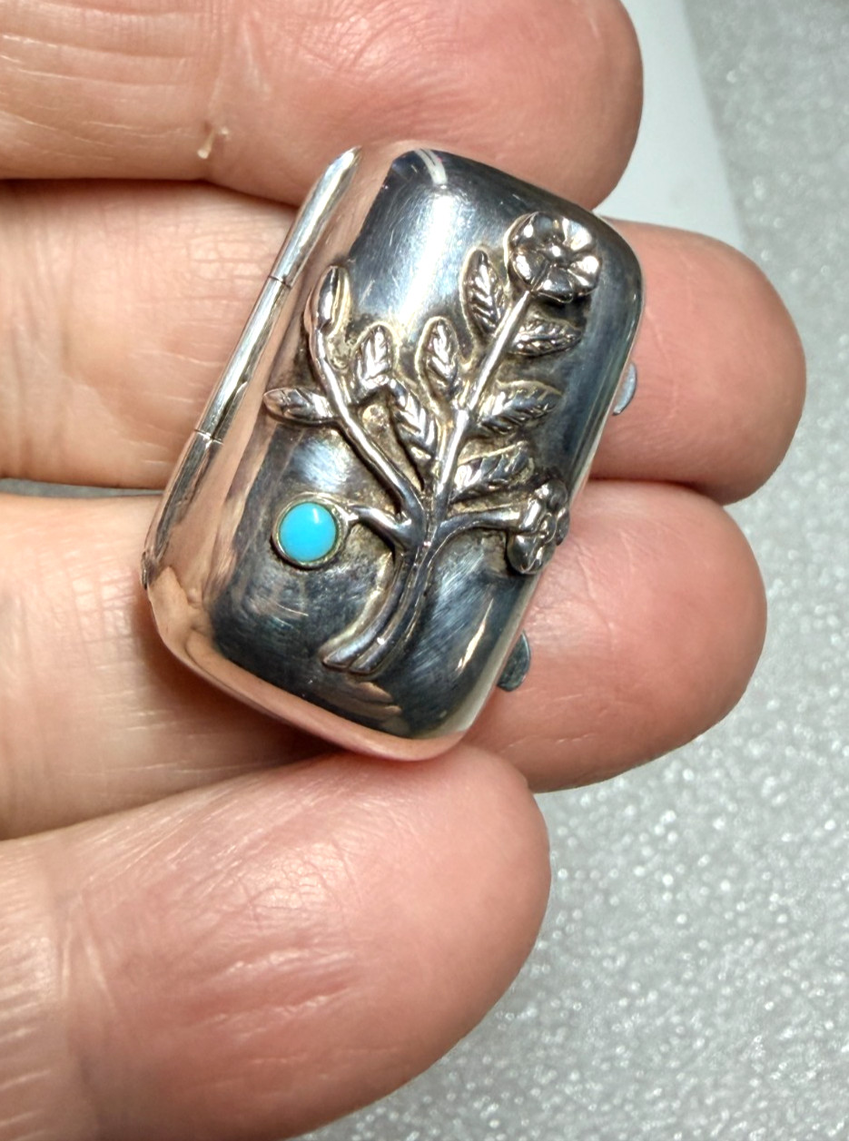 Sterling Silver Pill Box – Turquoise Flower – A D Norman – London – 1996