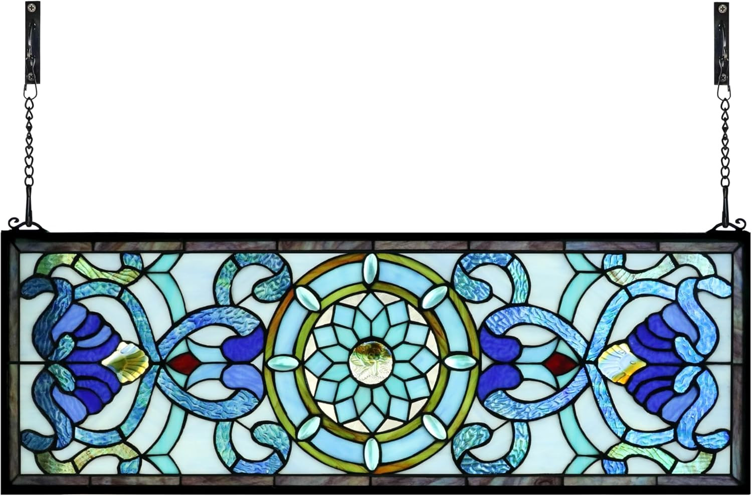Extra Large Blue Victorian Stained Glass Window Panel Hanging Transom 30×10
