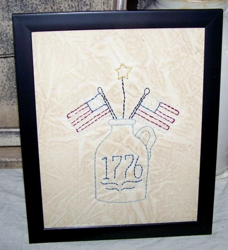 Primitive “1776 Americana Jug” Hand Stitched Picture 9 X 11 In. Framed