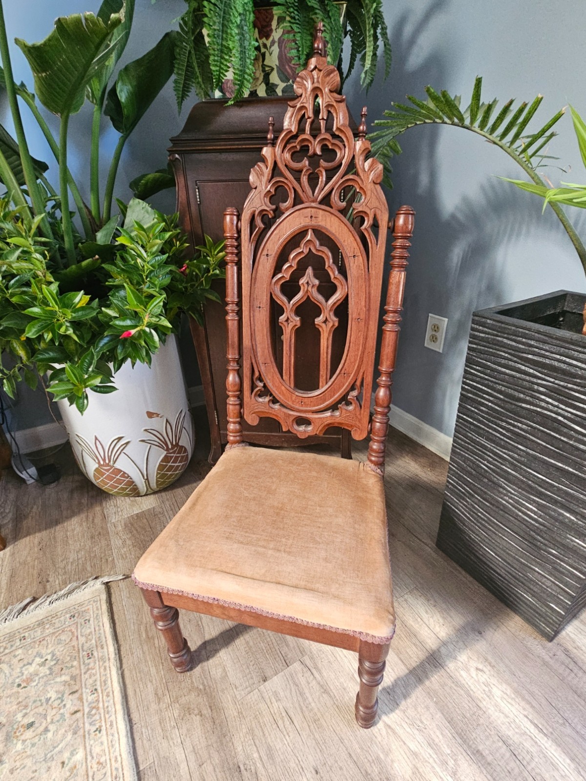 Antique American Gothic Revival Carved Walnut Child’s Throne Chair