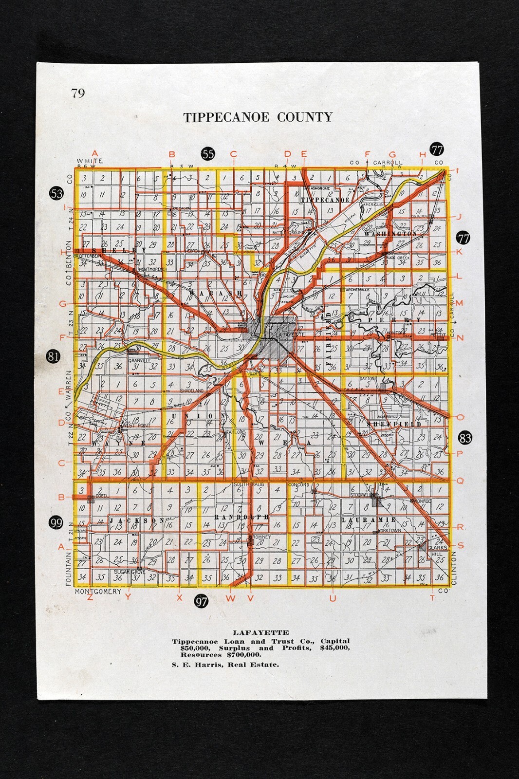 1917 Bowen Auto Map Tippecanoe County Indiana Lafayette Battle Ground West Point