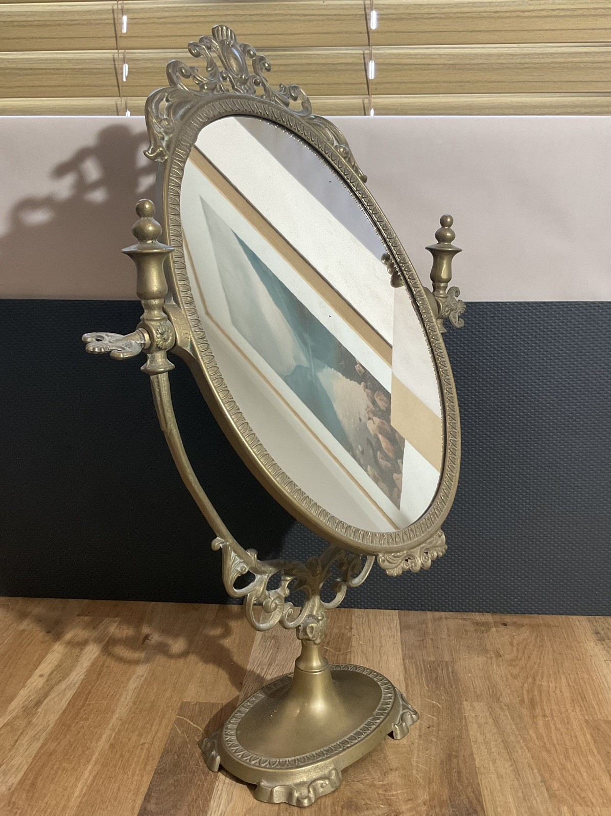 Vintage Ornate Brass Vanity Oval Swivel Mirror Table Desk Make up Art Nouveau