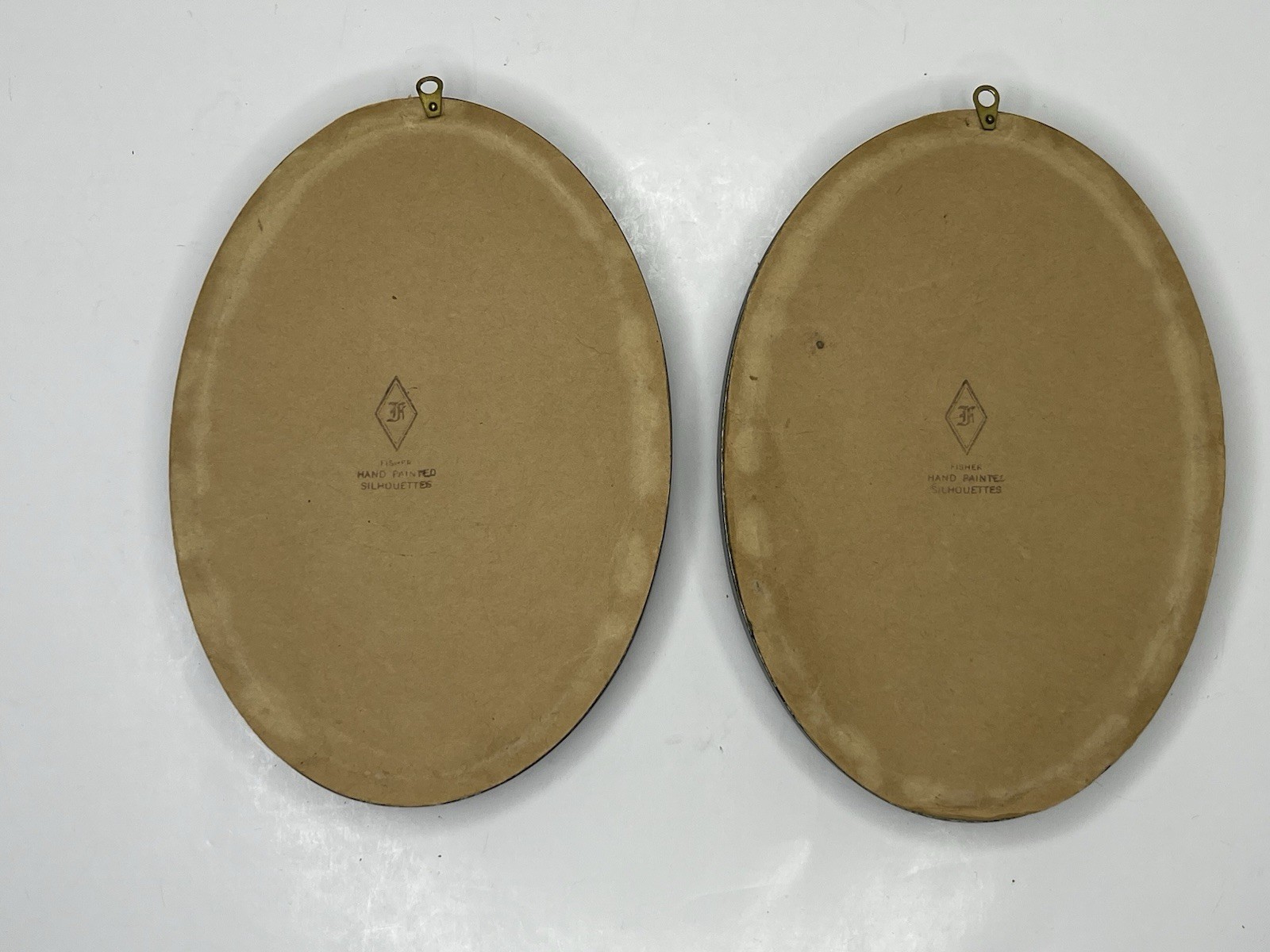 Set Of 2 Antique Fisher Hand Painted Silhouettes Milk Weed Oval Framed Art *READ